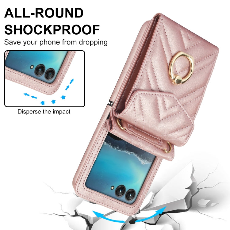 For Motorola Razr 40 Ultra / Razr 2023 V-shaped RFID Card Slot Phone Case with Ring Holder(Rose Gold) - Motorola Cases by PMC TechLife | Online Shopping South Africa | PMC TechLife | Buy Now Pay Later Mobicred