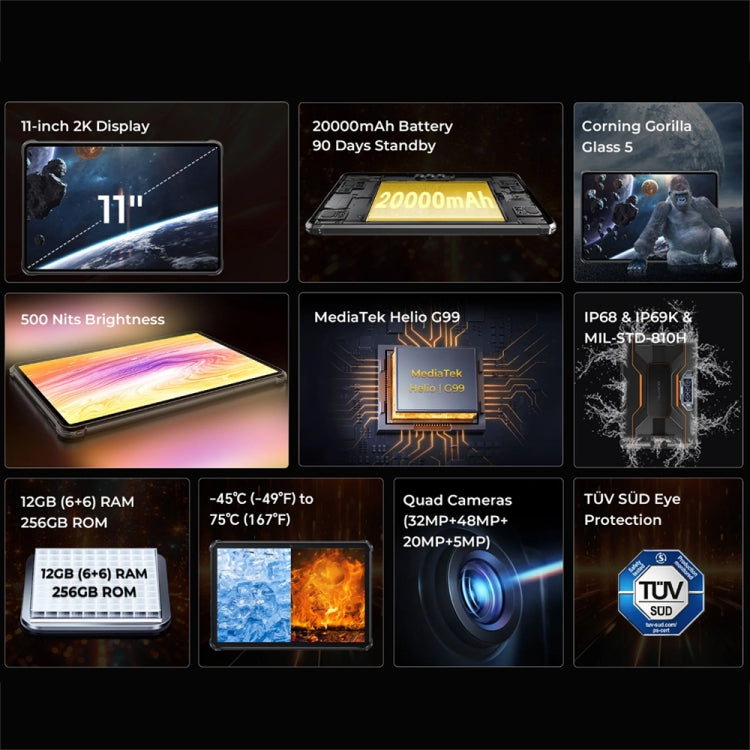 OUKITEL RT8 4G Network IP68/IP69K Rugged Tablet, 6GB+256GB, 11 inch Android 13 MediaTek Helio G99 Quad Core Support Dual SIM, EU Plug(Black) - free shipping - PMC TechLife - Order now!