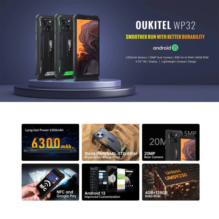 Oukitel WP32, 4GB+128GB, IP68/IP69K, 5.93 inch Android 13 Unisoc Tiger T606 Octa-core, NFC, OTG, Network: 4G(Green) - free shipping - PMC TechLife - Order now!