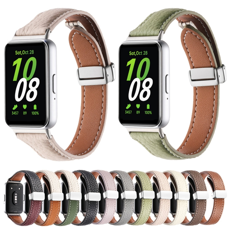 For Samsung Galaxy Fit 3 Litchi Texture Magnetic Buckle Slim Leather Watch Band(Avocado Green) - Watch Bands by PMC TechLife | Online Shopping South Africa | PMC TechLife