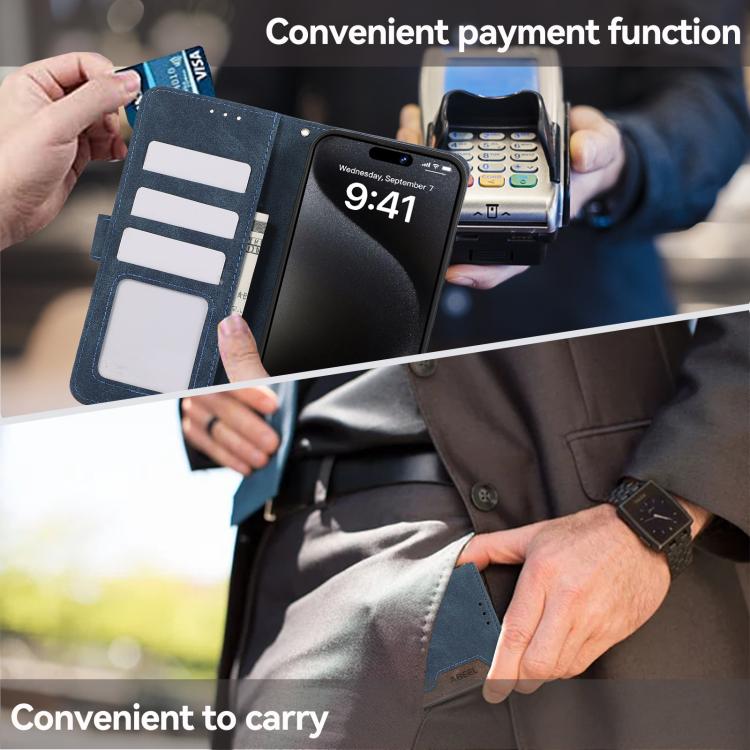 For iPhone 16e ABEEL Color Block Magnetic RFID Leather Phone Case(Blue-Brown) - iPhone 16e Cases by PMC TechLife | Online Shopping South Africa | PMC TechLife | Buy Now Pay Later Mobicred