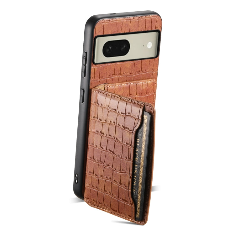 For Google Pixel 8 Crocodile Texture Card Bag Design Full Coverage Phone Case(Brown) - Google Cases by PMC TechLife | Online Shopping South Africa | PMC TechLife | Buy Now Pay Later Mobicred
