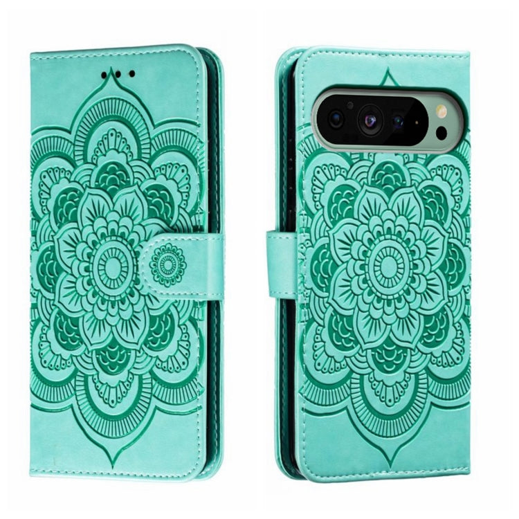 For Google Pixel 9 Sun Mandala Embossing Pattern Phone Leather Case(Green) - Google Cases by PMC TechLife | Online Shopping South Africa | PMC TechLife | Buy Now Pay Later Mobicred