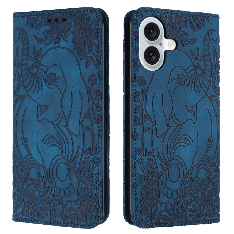 For iPhone 16 Plus Retro Elephant Embossed Leather Phone Case(Blue) - free shipping - PMC TechLife - Order now!