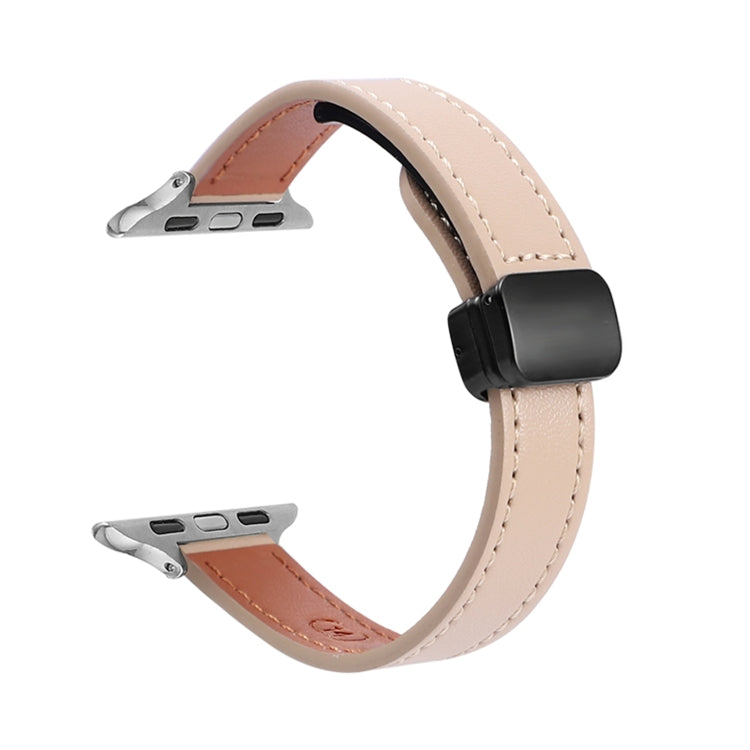 For Apple Watch SE 2023 44mm Slim Magnetic Buckle Genuine Leather Watch Band(Plain Apricot) - Watch Bands by PMC TechLife | Online Shopping South Africa | PMC TechLife