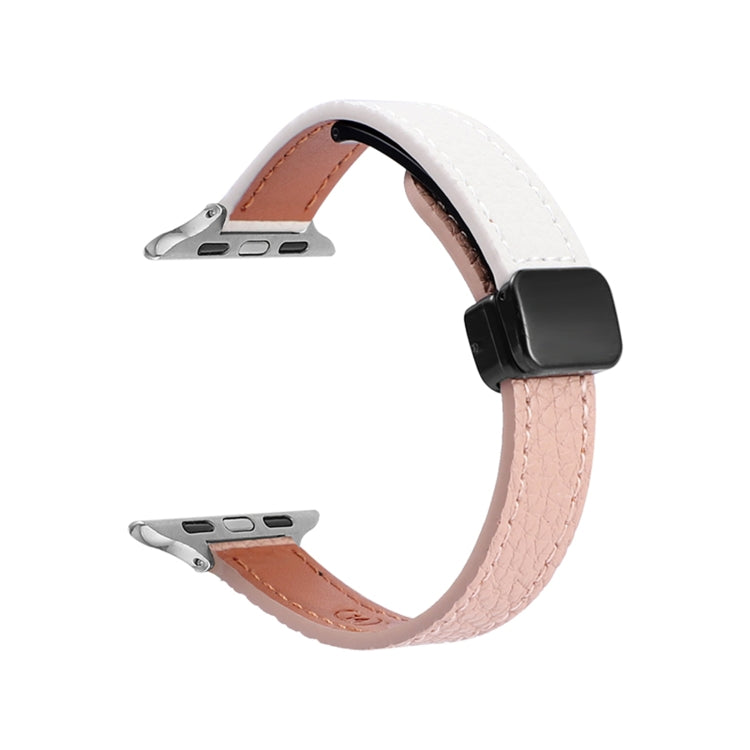 For Apple Watch SE 2023 44mm Slim Magnetic Buckle Genuine Leather Watch Band(Litchi Pink Beige) - Watch Bands by PMC TechLife | Online Shopping South Africa | PMC TechLife