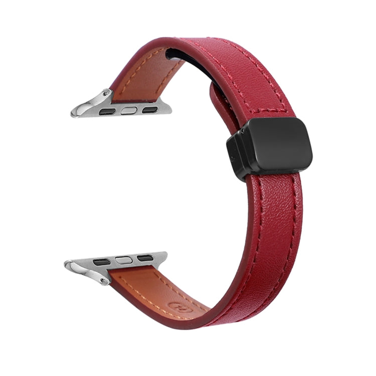 For Apple Watch SE 2023 40mm Slim Magnetic Buckle Genuine Leather Watch Band(Plain Wine Red) - Watch Bands by PMC TechLife | Online Shopping South Africa | PMC TechLife