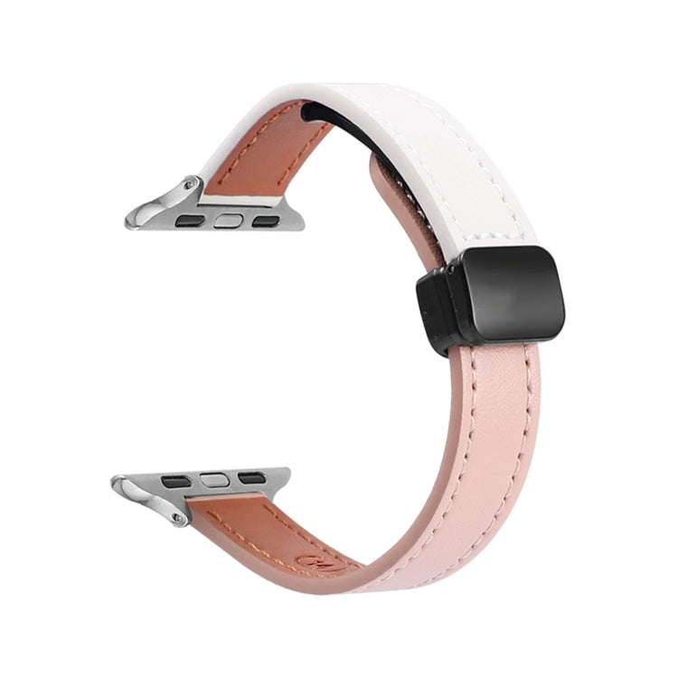 For Apple Watch Series 9 45mm Slim Magnetic Buckle Genuine Leather Watch Band(Plain Beige Pink) - Watch Bands by PMC TechLife | Online Shopping South Africa | PMC TechLife