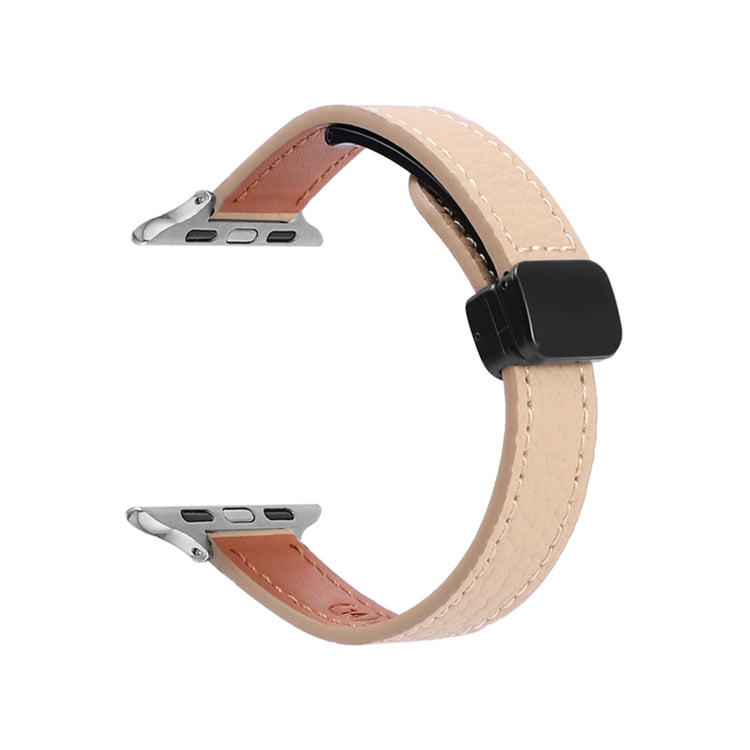 For Apple Watch Series 9 45mm Slim Magnetic Buckle Genuine Leather Watch Band(Litchi Apricot) - Watch Bands by PMC TechLife | Online Shopping South Africa | PMC TechLife
