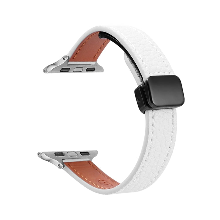 For Apple Watch Series 8 41mm Slim Magnetic Buckle Genuine Leather Watch Band(Litchi Beige) - Watch Bands by PMC TechLife | Online Shopping South Africa | PMC TechLife
