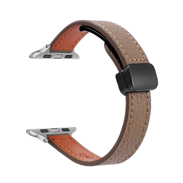 For Apple Watch SE 2022 40mm Slim Magnetic Buckle Genuine Leather Watch Band(Litchi Coffee) - Watch Bands by PMC TechLife | Online Shopping South Africa | PMC TechLife