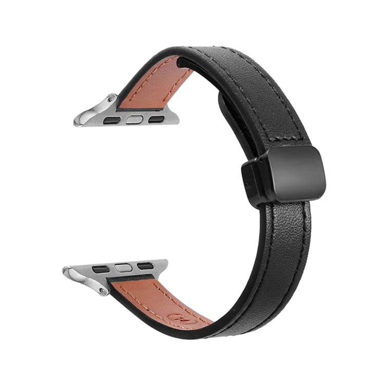 For Apple Watch SE 2022 44mm Slim Magnetic Buckle Genuine Leather Watch Band(Plain Black) - Watch Bands by PMC TechLife | Online Shopping South Africa | PMC TechLife