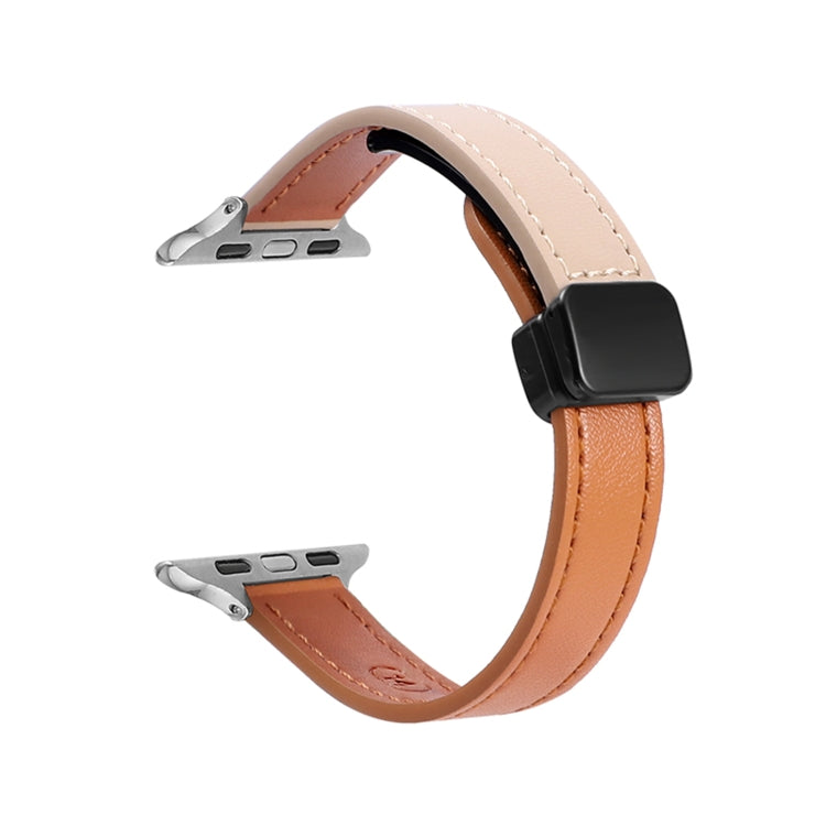 For Apple Watch Series 7 41mm Slim Magnetic Buckle Genuine Leather Watch Band(Plain Orange Apricot) - Watch Bands by PMC TechLife | Online Shopping South Africa | PMC TechLife