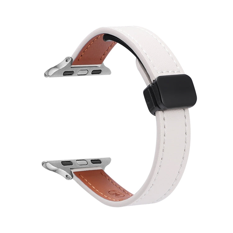 For Apple Watch Series 7 45mm Slim Magnetic Buckle Genuine Leather Watch Band(Plain Beige) - Watch Bands by PMC TechLife | Online Shopping South Africa | PMC TechLife