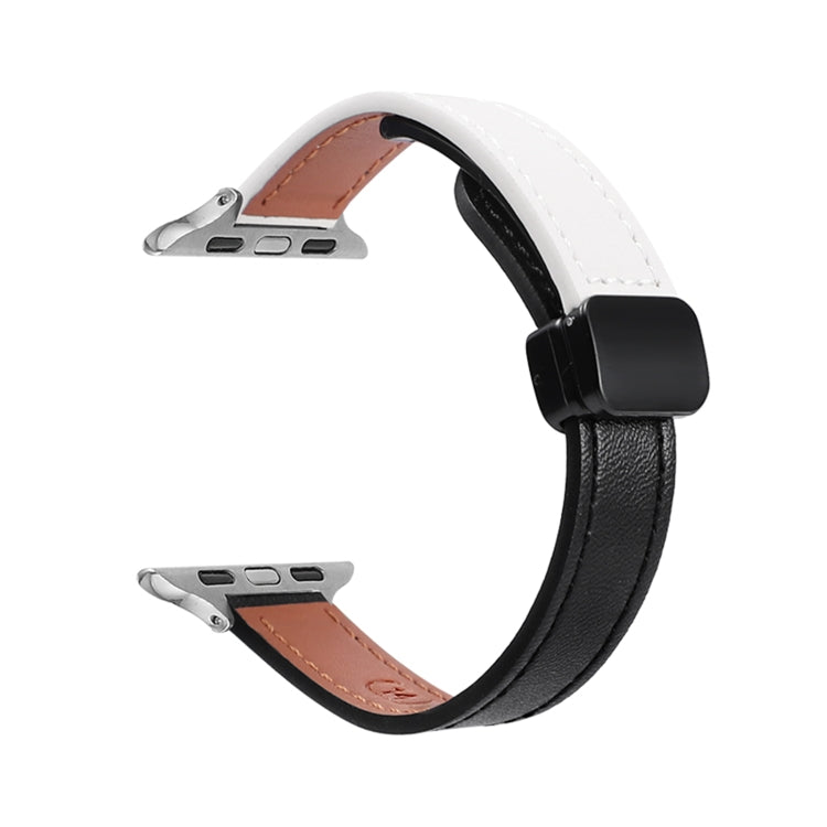 For Apple Watch Series 7 45mm Slim Magnetic Buckle Genuine Leather Watch Band(Plain Black Beige) - Watch Bands by PMC TechLife | Online Shopping South Africa | PMC TechLife