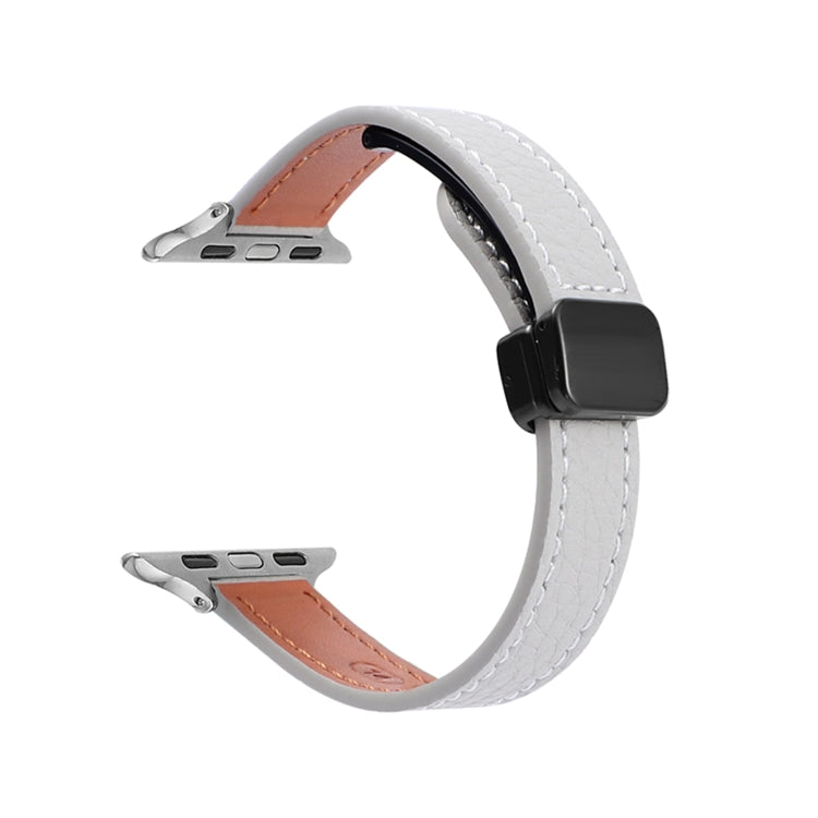For Apple Watch Series 7 45mm Slim Magnetic Buckle Genuine Leather Watch Band(Litchi Grey) - Watch Bands by PMC TechLife | Online Shopping South Africa | PMC TechLife