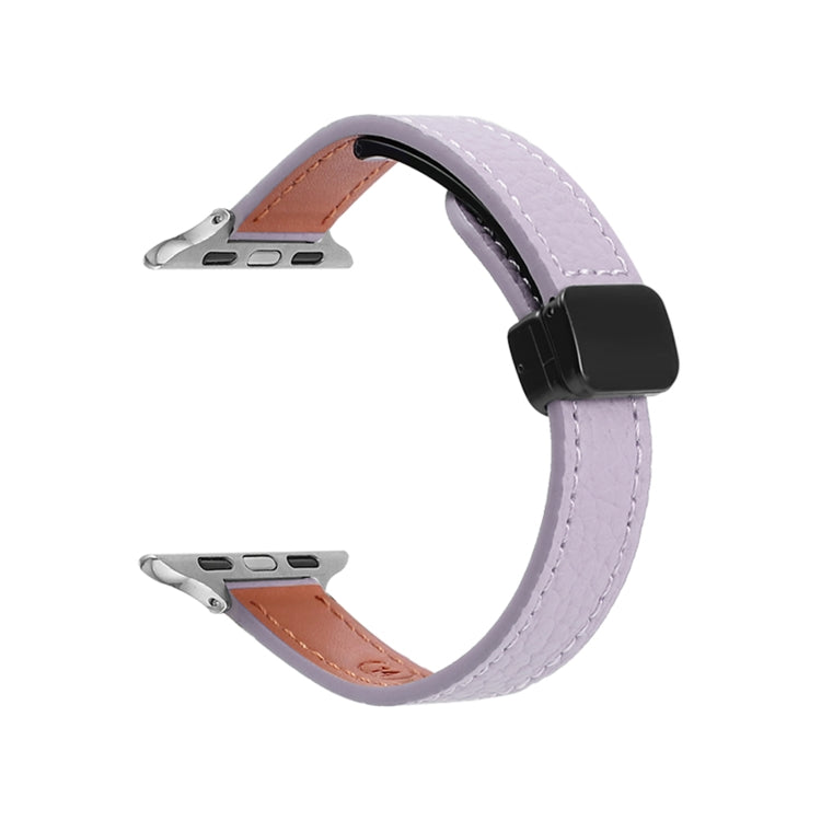 For Apple Watch Series 7 45mm Slim Magnetic Buckle Genuine Leather Watch Band(Litchi Lavender) - Watch Bands by PMC TechLife | Online Shopping South Africa | PMC TechLife