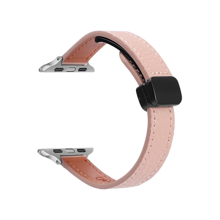 For Apple Watch SE 40mm Slim Magnetic Buckle Genuine Leather Watch Band(Litchi Pink) - Watch Bands by PMC TechLife | Online Shopping South Africa | PMC TechLife