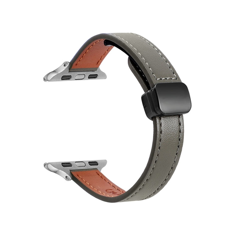 For Apple Watch Series 6 44mm Slim Magnetic Buckle Genuine Leather Watch Band(Plain Avocado Green) - Watch Bands by PMC TechLife | Online Shopping South Africa | PMC TechLife
