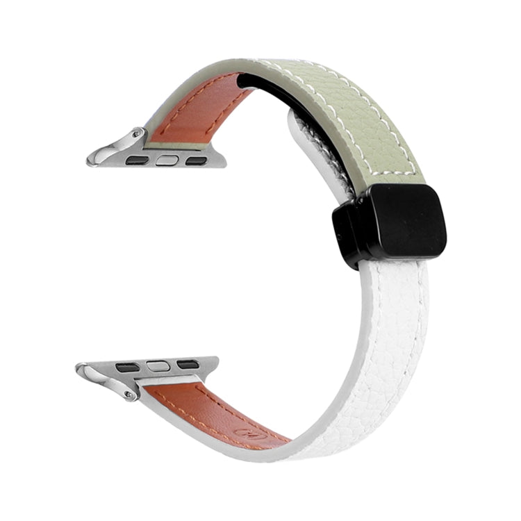 For Apple Watch Series 6 44mm Slim Magnetic Buckle Genuine Leather Watch Band(Litchi Beige Green) - Watch Bands by PMC TechLife | Online Shopping South Africa | PMC TechLife