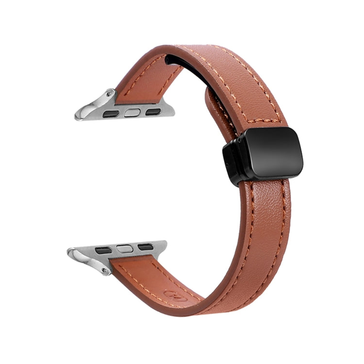 For Apple Watch Series 5 44mm Slim Magnetic Buckle Genuine Leather Watch Band(Plain Brown) - Watch Bands by PMC TechLife | Online Shopping South Africa | PMC TechLife