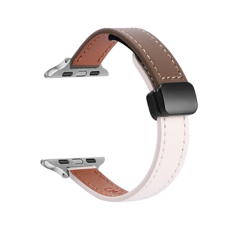 For Apple Watch Series 2 42mm Slim Magnetic Buckle Genuine Leather Watch Band(Plain Beige Coffee) - Watch Bands by PMC TechLife | Online Shopping South Africa | PMC TechLife