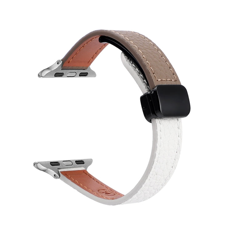 For Apple Watch Series 2 42mm Slim Magnetic Buckle Genuine Leather Watch Band(Litchi Beige Coffee) - Watch Bands by PMC TechLife | Online Shopping South Africa | PMC TechLife