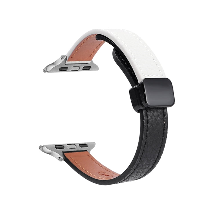 For Apple Watch Series 2 38mm Slim Magnetic Buckle Genuine Leather Watch Band(Litchi Black Beige) - Watch Bands by PMC TechLife | Online Shopping South Africa | PMC TechLife