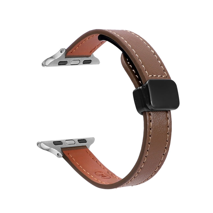 For Apple Watch 42mm Slim Magnetic Buckle Genuine Leather Watch Band(Plain Coffee) - Watch Bands by PMC TechLife | Online Shopping South Africa | PMC TechLife