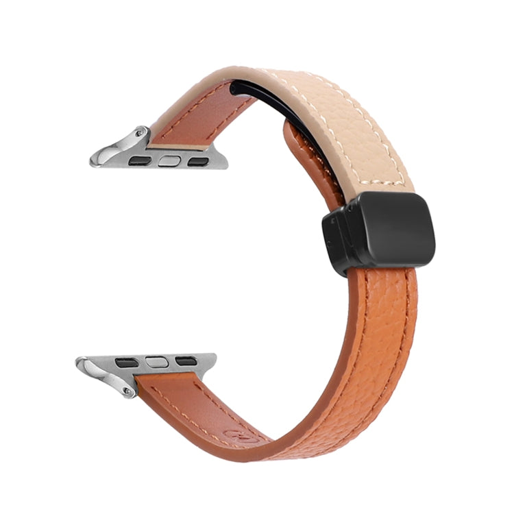 For Apple Watch 42mm Slim Magnetic Buckle Genuine Leather Watch Band(Litchi Orange Apricot) - Watch Bands by PMC TechLife | Online Shopping South Africa | PMC TechLife