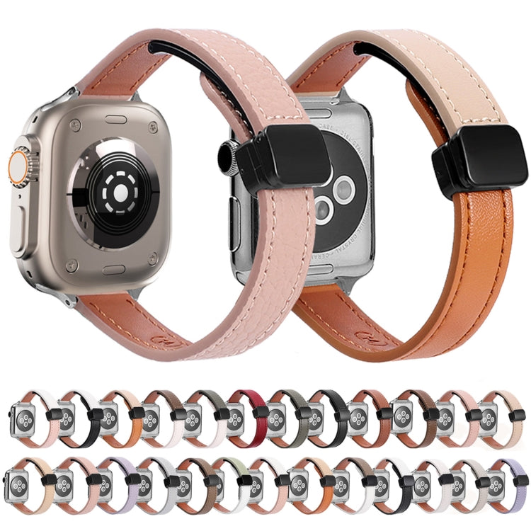 For Apple Watch Ultra 2 49mm Slim Magnetic Buckle Genuine Leather Watch Band(Plain Beige Coffee) - Watch Bands by PMC TechLife | Online Shopping South Africa | PMC TechLife | Buy Now Pay Later Mobicred