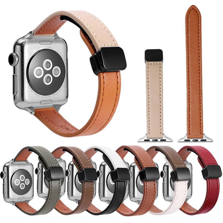For Apple Watch Series 8 41mm Slim Magnetic Buckle Genuine Leather Watch Band(Litchi Black Beige) - Watch Bands by PMC TechLife | Online Shopping South Africa | PMC TechLife