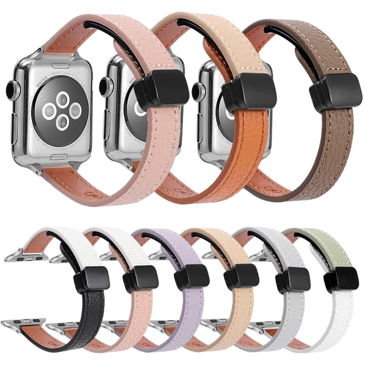 For Apple Watch Series 2 38mm Slim Magnetic Buckle Genuine Leather Watch Band(Litchi Apricot) - free shipping - PMC TechLife - Order now!