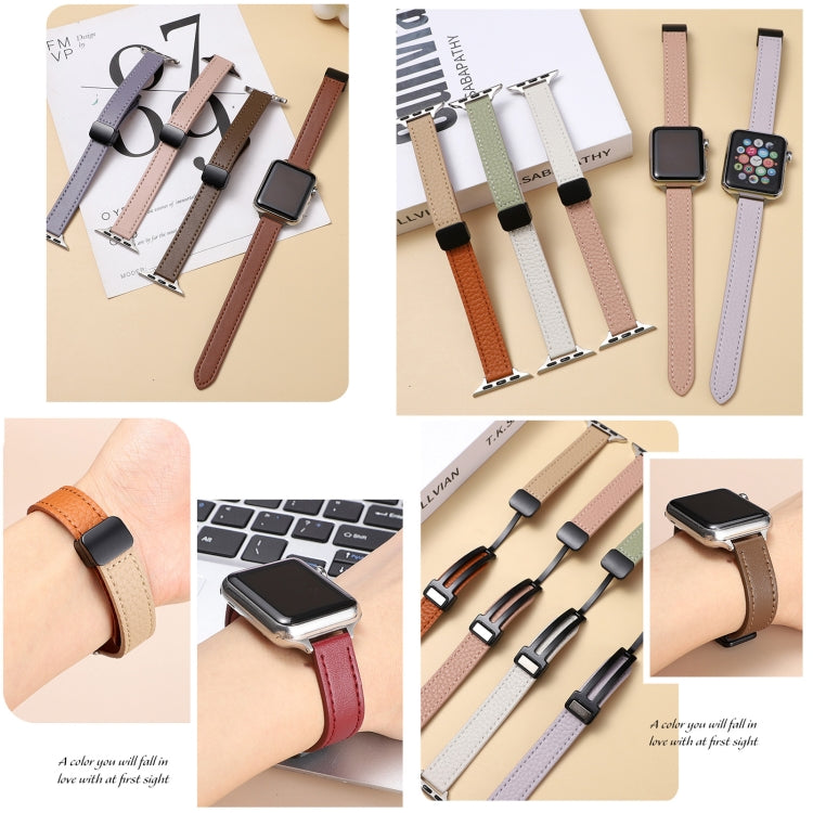 For Apple Watch Ultra 2 49mm Slim Magnetic Buckle Genuine Leather Watch Band(Plain Beige Coffee) - Watch Bands by PMC TechLife | Online Shopping South Africa | PMC TechLife | Buy Now Pay Later Mobicred