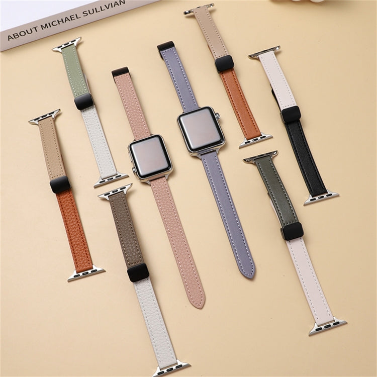 For Apple Watch Series 7 41mm Slim Magnetic Buckle Genuine Leather Watch Band(Litchi Beige Coffee) - Watch Bands by PMC TechLife | Online Shopping South Africa | PMC TechLife