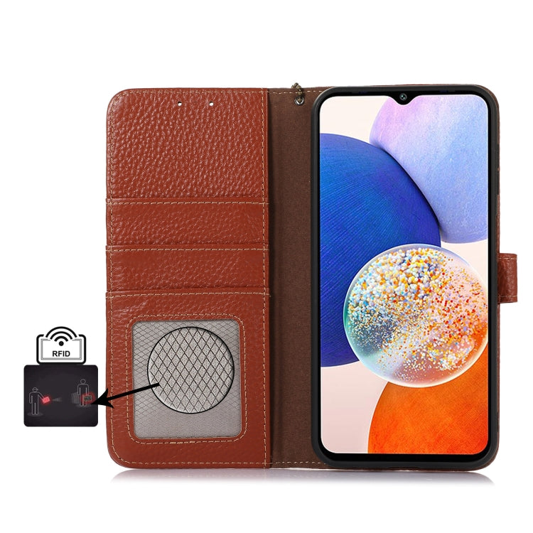 For Google Pixel 9 Pro Genuine Leather Litchi Texture RFID Leather Phone Case(Coffee) - Google Cases by PMC TechLife | Online Shopping South Africa | PMC TechLife | Buy Now Pay Later Mobicred