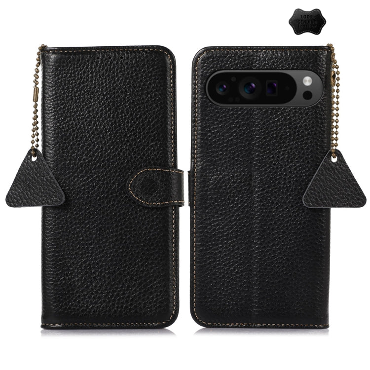 For Google Pixel 9 Pro Genuine Leather Litchi Texture RFID Leather Phone Case(Black) - Google Cases by PMC TechLife | Online Shopping South Africa | PMC TechLife | Buy Now Pay Later Mobicred