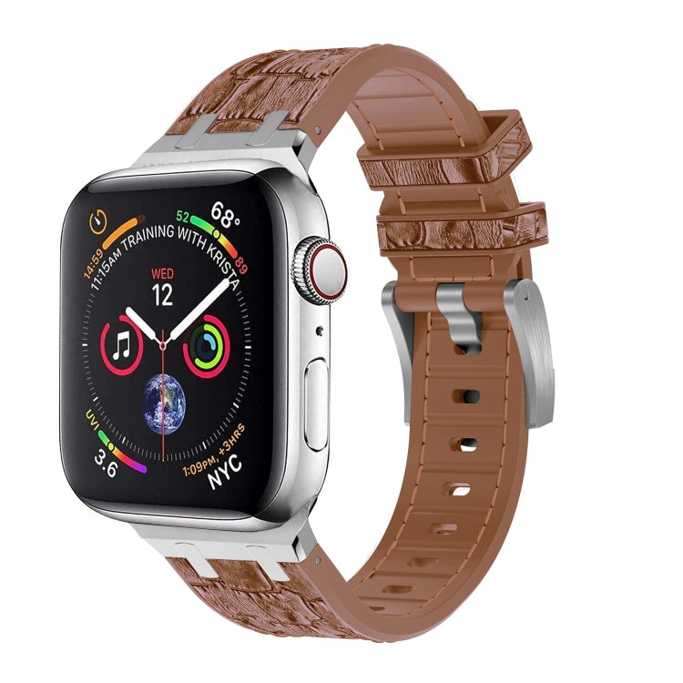For Apple Watch Series 8 45mm Crocodile Texture Liquid Silicone Watch Band(Silver Yellow Brown) - Watch Bands by PMC TechLife | Online Shopping South Africa | PMC TechLife