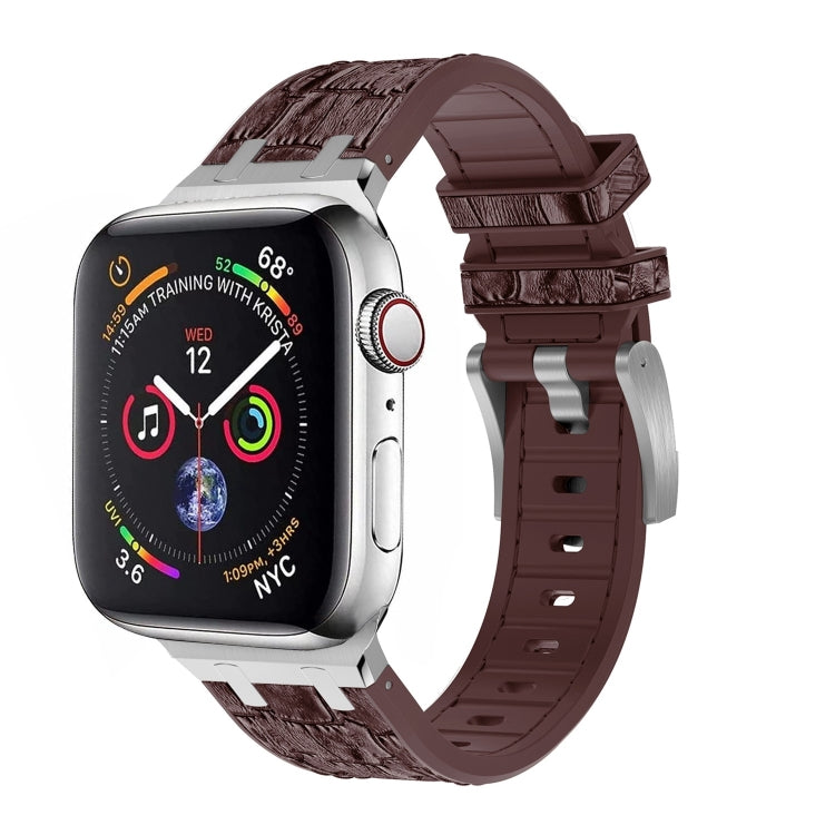 For Apple Watch SE 2022 40mm Crocodile Texture Liquid Silicone Watch Band(Silver Dark Brown) - Watch Bands by PMC TechLife | Online Shopping South Africa | PMC TechLife