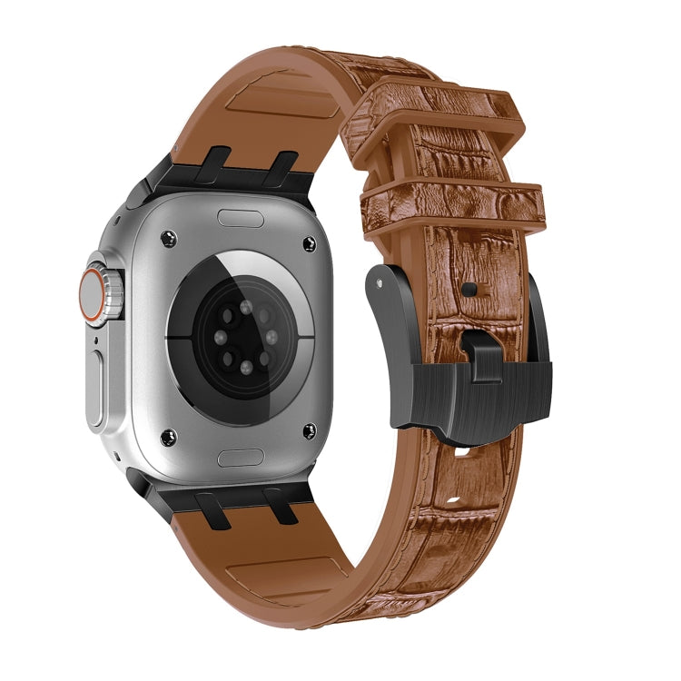 For Apple Watch SE 2022 44mm Crocodile Texture Liquid Silicone Watch Band(Black Yellow Brown) - Watch Bands by PMC TechLife | Online Shopping South Africa | PMC TechLife