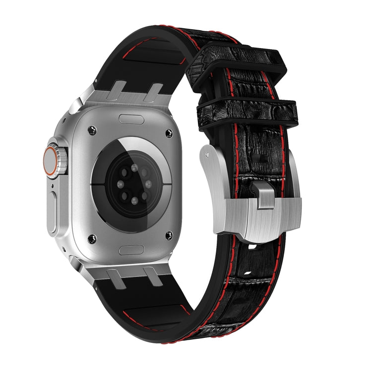 For Apple Watch SE 2022 44mm Crocodile Texture Liquid Silicone Watch Band(Silver Red Black) - Watch Bands by PMC TechLife | Online Shopping South Africa | PMC TechLife