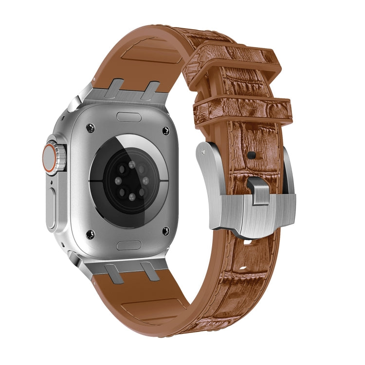 For Apple Watch SE 2022 44mm Crocodile Texture Liquid Silicone Watch Band(Silver Yellow Brown) - Watch Bands by PMC TechLife | Online Shopping South Africa | PMC TechLife