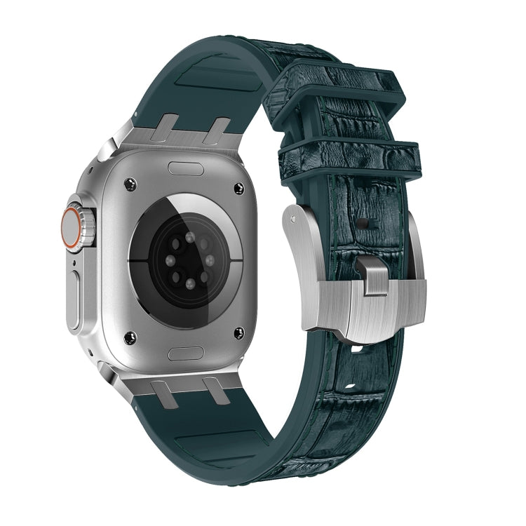 For Apple Watch Series 7 41mm Crocodile Texture Liquid Silicone Watch Band(Silver Deep Green) - Watch Bands by PMC TechLife | Online Shopping South Africa | PMC TechLife
