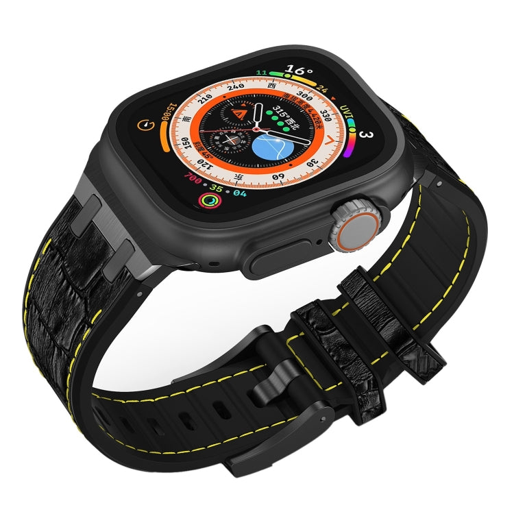 For Apple Watch Series 7 45mm Crocodile Texture Liquid Silicone Watch Band(Black Yellow Black) - Watch Bands by PMC TechLife | Online Shopping South Africa | PMC TechLife