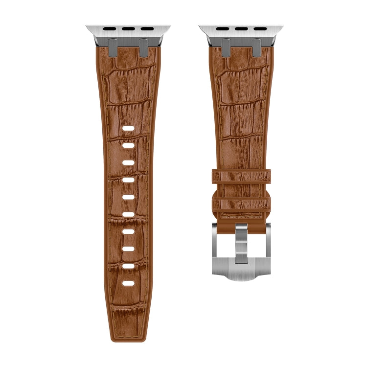 For Apple Watch Series 7 45mm Crocodile Texture Liquid Silicone Watch Band(Silver Yellow Brown) - Watch Bands by PMC TechLife | Online Shopping South Africa | PMC TechLife