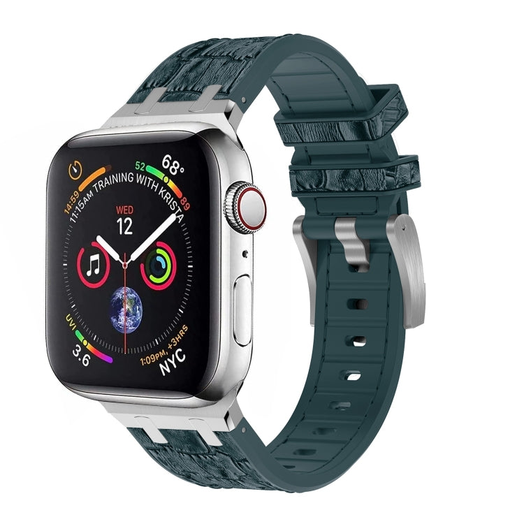 For Apple Watch SE 44mm Crocodile Texture Liquid Silicone Watch Band(Silver Deep Green) - Watch Bands by PMC TechLife | Online Shopping South Africa | PMC TechLife