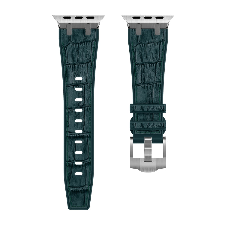 For Apple Watch Series 3 42mm Crocodile Texture Liquid Silicone Watch Band(Silver Deep Green) - Watch Bands by PMC TechLife | Online Shopping South Africa | PMC TechLife