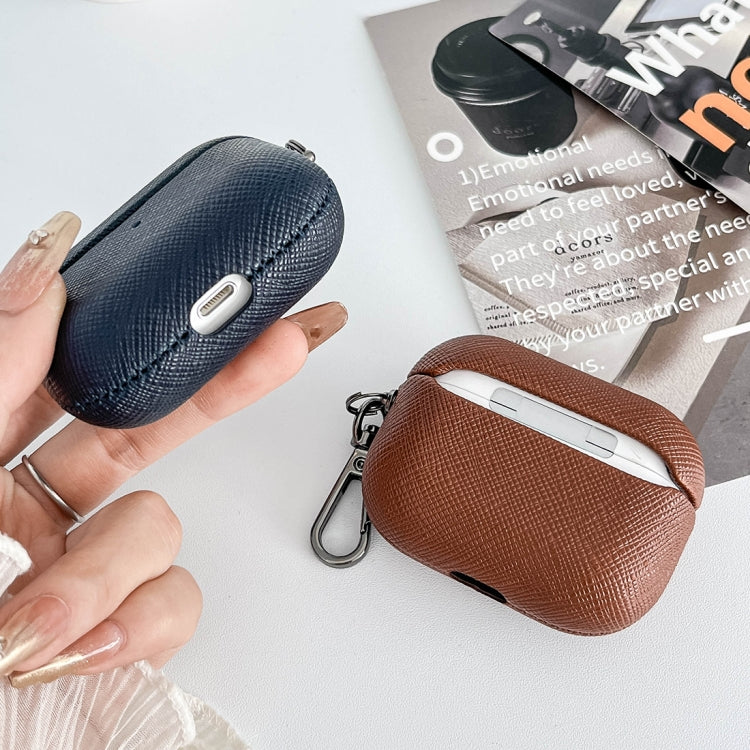For AirPods Pro 2 Cross Texture PU Leather Bluetooth Earphone Protective Case(Dark Blue) - For AirPods Pro 2 by PMC Jewellery | Online Shopping South Africa | PMC Jewellery | Buy Now Pay Later Mobicred