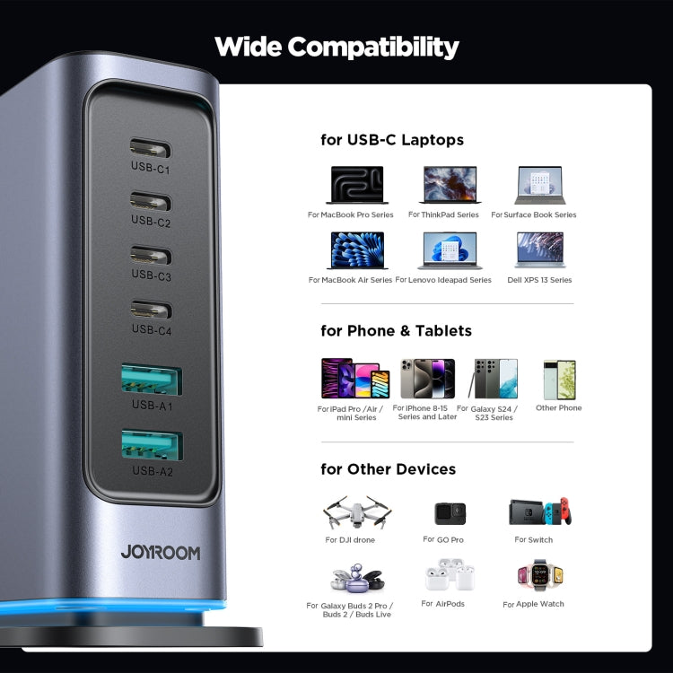 JOYROOM JR-TCM02 6 in 1 65W GaN 4 USB-C & 2 USB-A Multi-port Charger, Power Plug:UK Plug(Dark Gray) - free shipping - PMC Jewellery - Order now!