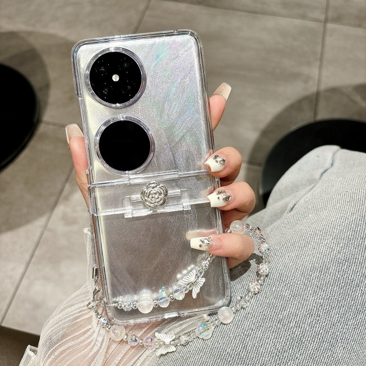 For Huawei P50 Pocket Skin Feel PC Feather Gauze Glitter Paper Camellia Phone Case with Bracelet(Transparent) - Huawei Cases by PMC TechLife | Online Shopping South Africa | PMC TechLife | Buy Now Pay Later Mobicred